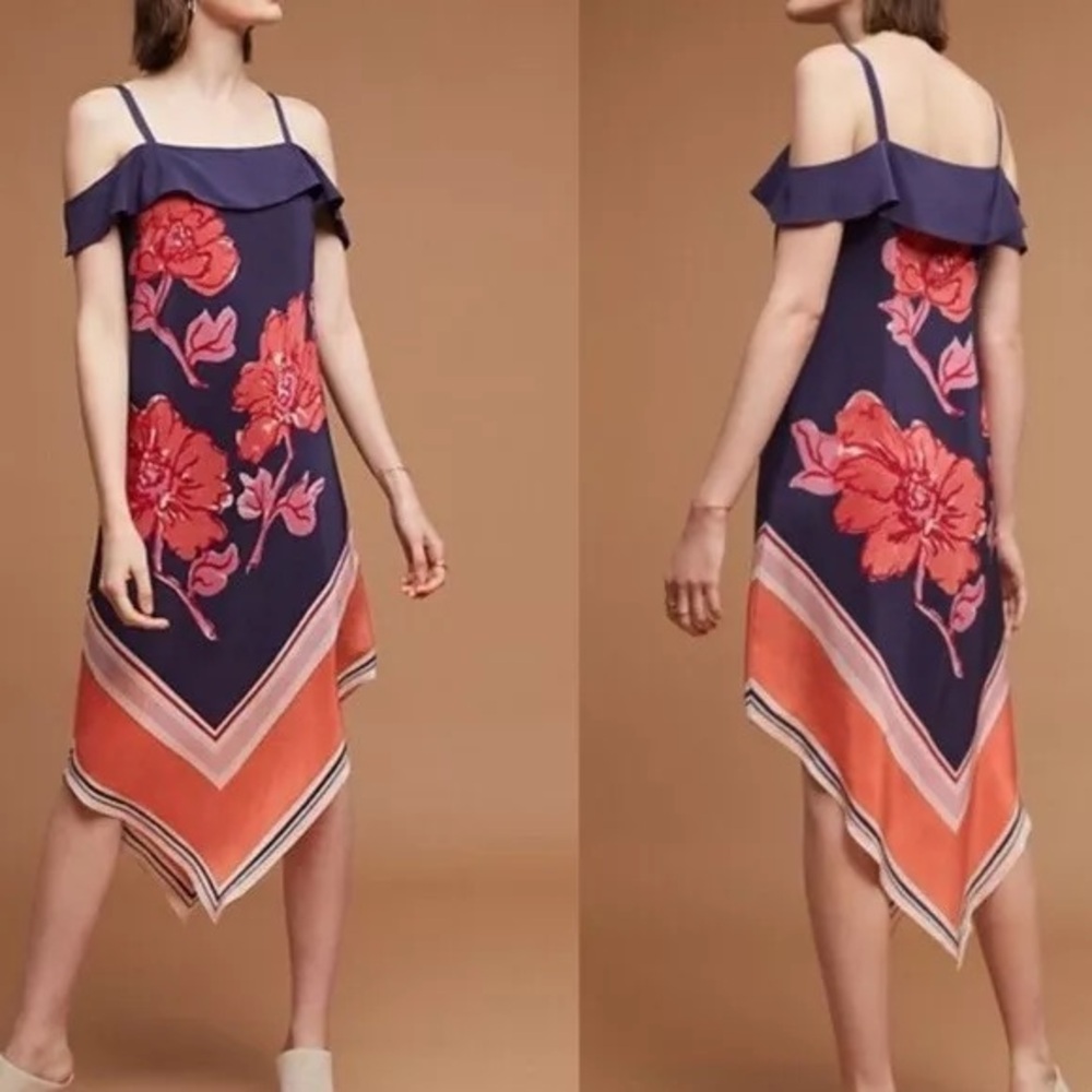 Anthropologie Moulinette Soeurs Silk Dress Navy Blue Coral Pink Floral XS